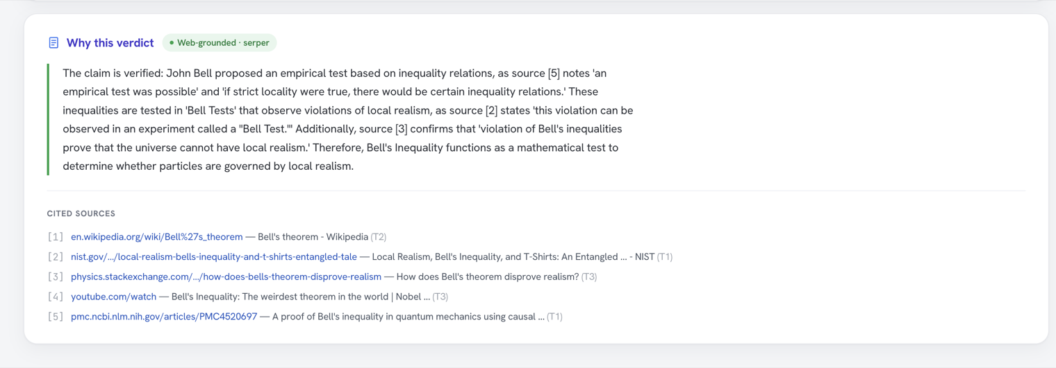 The explainability chain behind a verdict, with the reasoning narrative and its tiered cited sources.