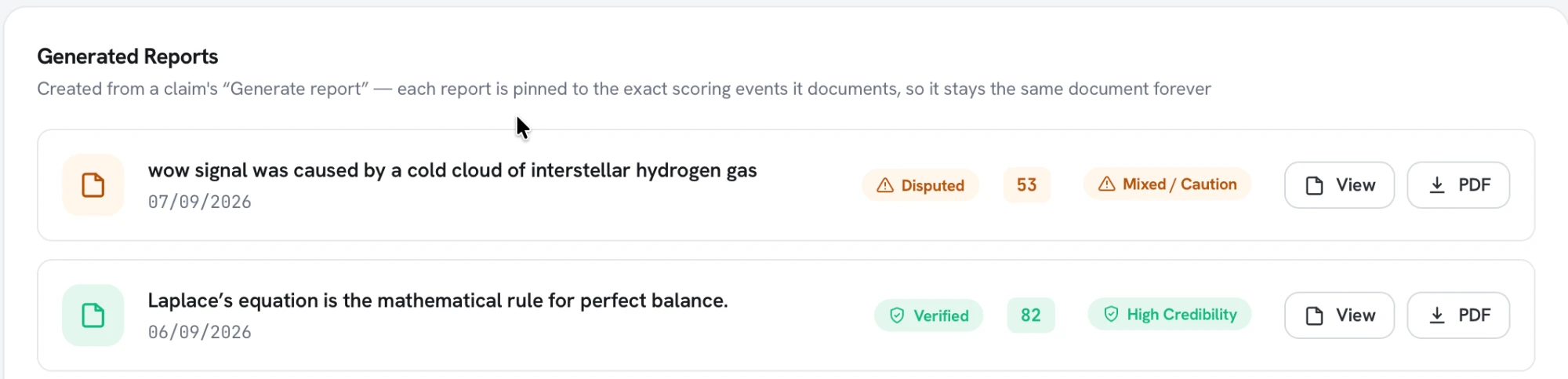 The Generated Reports list: each report created from a claim's “Generate report” action, pinned to the exact scoring events it documents, with its verdict, score, band, and View and PDF actions.